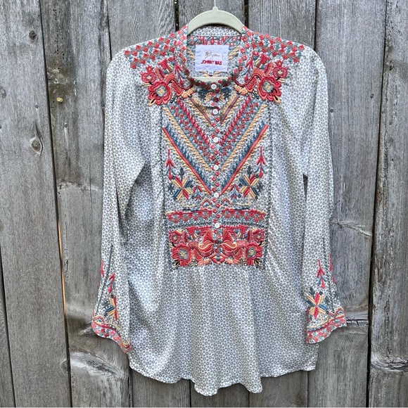 Johnny Was Tops - Johnny Was Multicolor Silky Gray Embroidered Blouse